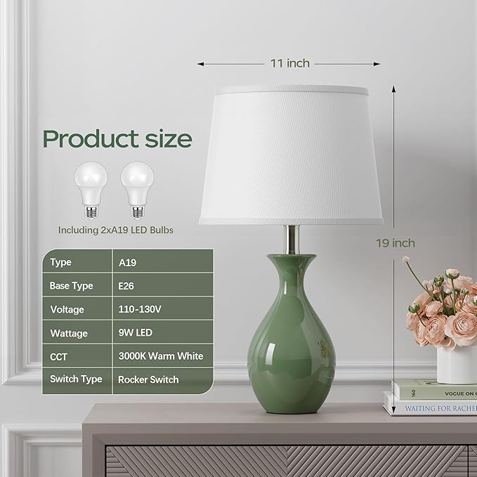 PARTPHONER Table Lamp Set of 2, Modern Ceramic Bedside Lamps for Night Stands, Classic Small Lamp Nightstand Lamp for Bedroom Living Room Desk End Table Rocker Swtich Sage Green