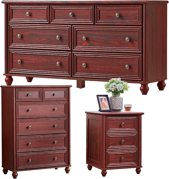 Farmhouse Dressers & Night Stand Set of 3, Wood 54" Wide Dresser & 43.5"Tall Chest of Drawers, 18" Roman Column Nightstand, Bedroom Furniture 7 Drawer Dresser Set for Bedroom Home Living Room Hallway
