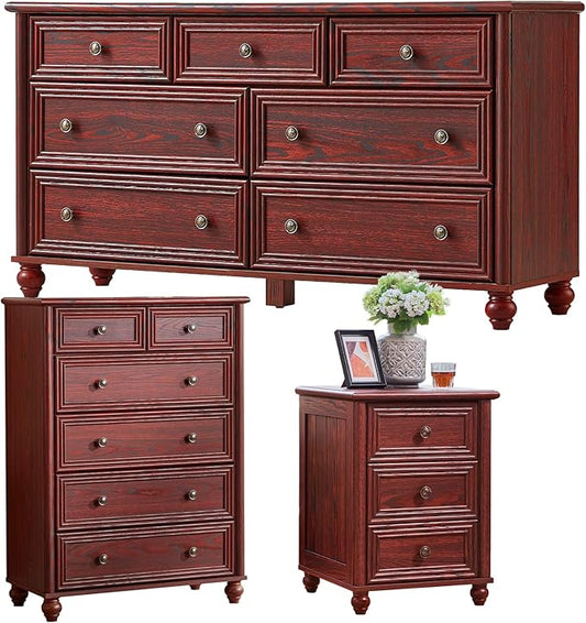 Farmhouse Dressers & Night Stand Set of 3, Wood 54" Wide Dresser & 43.5"Tall Chest of Drawers, 18" Roman Column Nightstand, Bedroom Furniture 7 Drawer Dresser Set for Bedroom Home Living Room Hallway