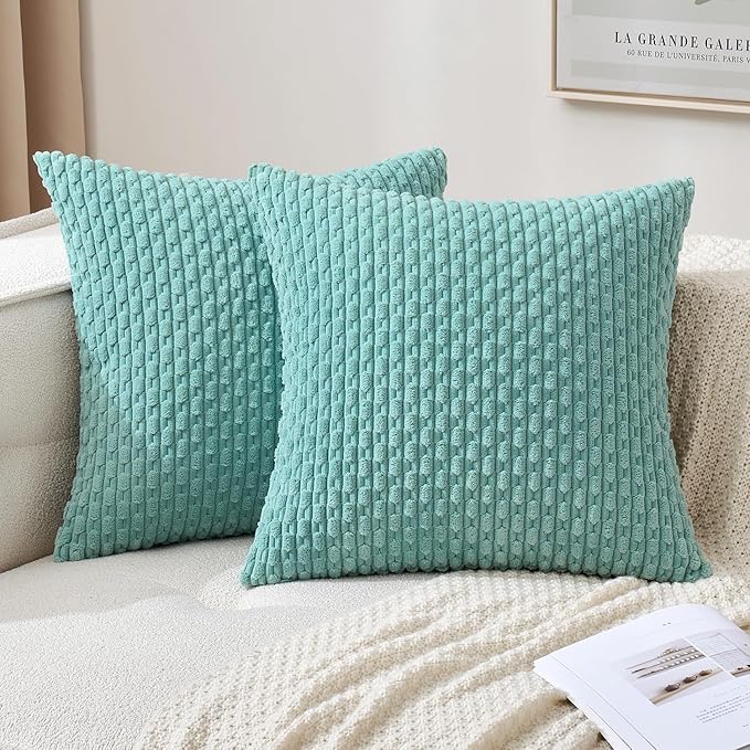 MIULEE Throw Pillow Covers Soft Corduroy Decorative Set of 2 Boho Striped Pillow Covers Pillowcases Farmhouse Home Decor for Couch Bed Sofa Living Room 18x18 Inch Aqua Green