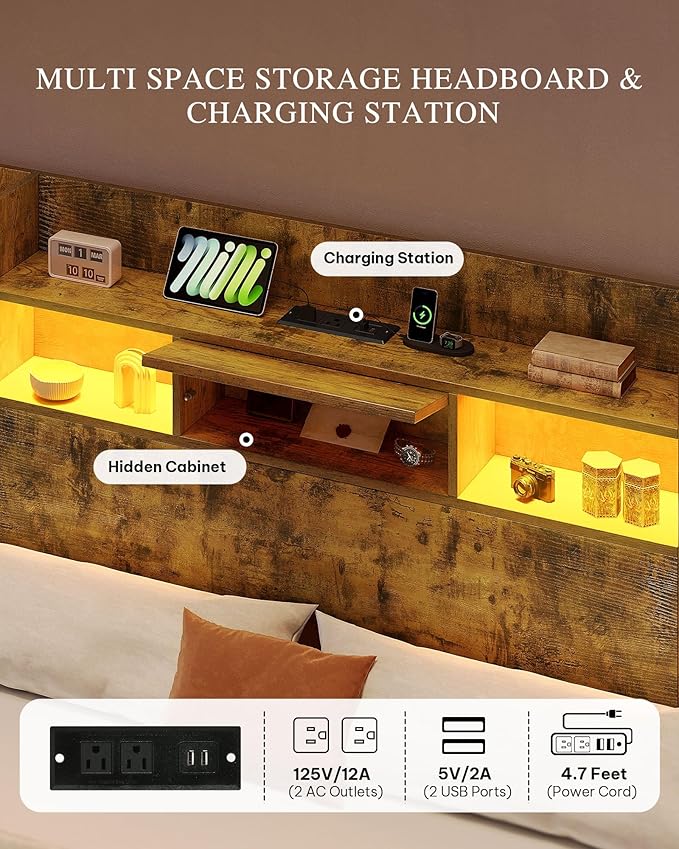 YITAHOME King Bed Frame with Bookcase Headboard and 4 Storage Drawers, RGB LED Lights Bed with Type-C & USB Charging Station Storage Headboard Bed Frame, No Box Spring Needed, Noise Free, Rustic Brown
