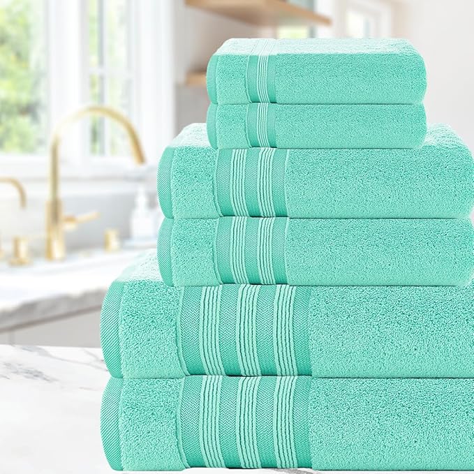 CASA COPENHAGEN Zero Twist, 6 Pieces Set 100% Cotton 0" Twist Towel Set- Aqua Blue, 600 GSM, 2 Bath, 2 Hand, 2 Washcloths Made from Egyptian Cotton, Ultra Soft Luxury Towels for Bathroom.
