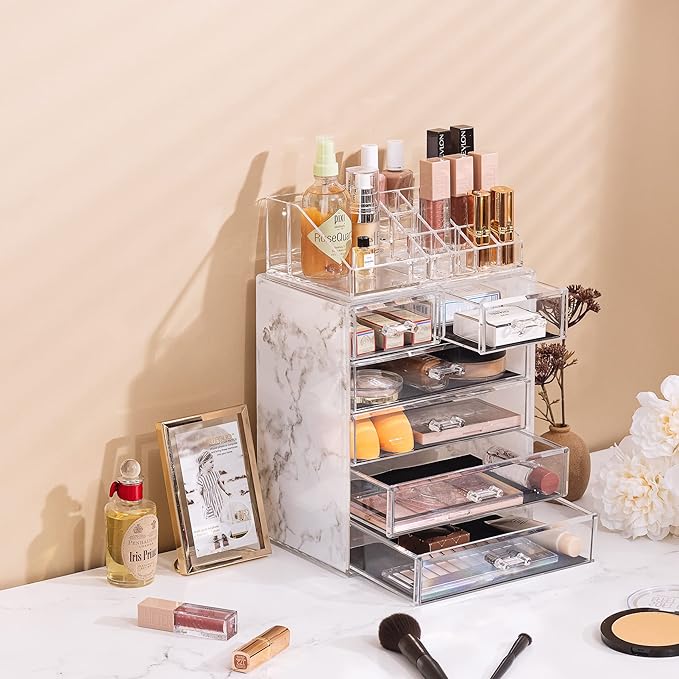 Sorbus Clear Cosmetic Makeup Organizer - Make Up & Jewelry Storage, Case & Display - Spacious Design - Great Holder for Dresser, Bathroom, Vanity & Countertop (4 Large, 2 Small Drawers - Marble Print)
