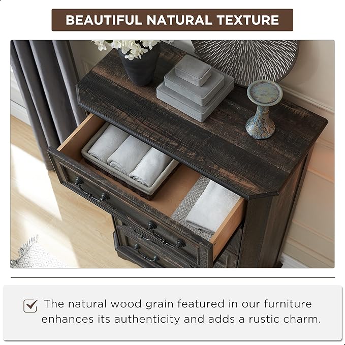 T4TREAM Farmhouse 5 Drawers Dresser for Bedroom, 48" Tall Wood Rustic Chest of Drawers with Natural Texture, Vintage Design, Storage Dressers Organizer for Bedroom, Living Room, Dark Rustic Oak