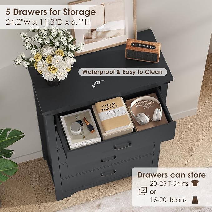 Farmhouse 5 Drawer Dresser for Bedroom, 47" Tall Chest of Drawers, Wood White Dresser with Deep Drawers, Storage Dressers Organizer for Bedroom, Living Room, Hallay, Black