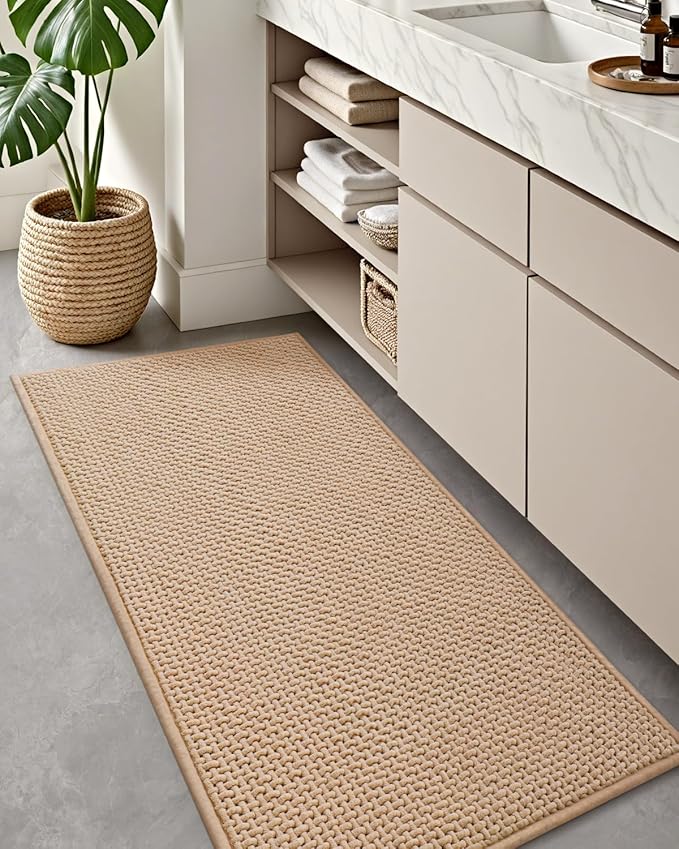 Color&Geometry Ultra Soft Chenille Bathroom Rugs Non Slip Rubber Backing, Machine Washable, Super Absorbent Floor Mat for Bathroom, Bathtub, Quick Dry Beige Bath Mat, Long Bath Runner,17"x47"