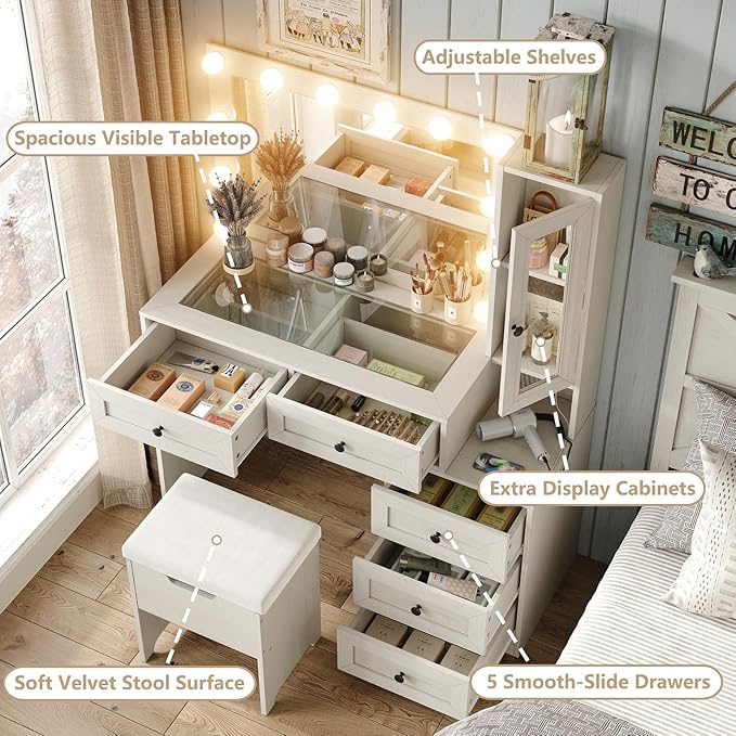 Large Farmhouse Mirror Vanity Desk with LED Bulbs White Makeup Table Set Glass Tabletop for Bedroom Charging Station & Power Outlet Adjustable Light Mode