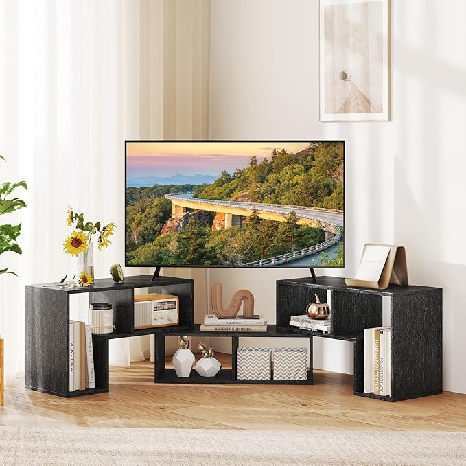 GOFLAME 3 Pieces TV Console Stand, Modern Entertainment Center for 50 55 60 65 Inch Flat Screen TV, Free Combination Bookcase for Storage & Display, Suitable for Living Room (Black Wood Grain)