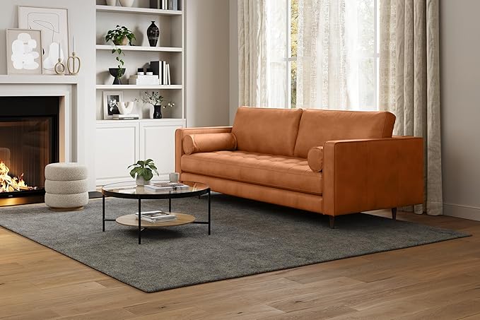 Valencia Isabella 88" Wide Sofa with 2 Bolsters | Italian Nappa 11000 Full Grain Leather, Mid-Century Tufted Couch for Living Room, Kiln-Dried Wood Frame, Down Feather Filling, Cognac