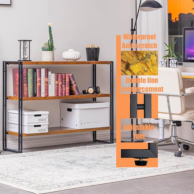 Bookshelf, 3 Tier Horizontal Bookcase, Industrial Book Shelf for Living Room, Home Office, Kitchen, Rustic Brown