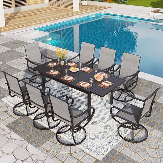 PHI VILLA 9 Piece Outdoor Patio Dining Set, Extendable Large Patio Table and 8 Swivel Dining Chairs, Outdoor Furniture Table and Gray Chairs Set for 6-8 Person
