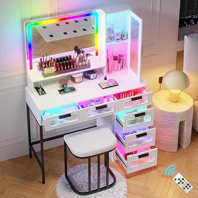 HNEBC RGB Vanity Desk with Mirror and Lights, LED Vanity Makeup Desk with USB/Wireless Charger Station, Vanities Dressing Table Sets with 6 Drawers/Cabins/Stool/Shelves for Bedroom&Cloakroom,White