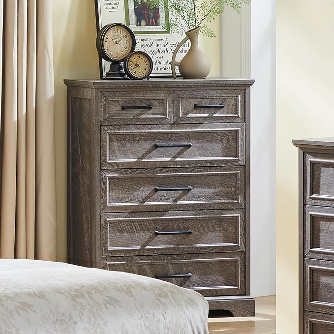 6 Drawer Dresser, Farmhouse Chest of Drawers for Bedroom, 44" Tall Dresser with Large Metal Handles, Wood Drawer Organizer for Living Room, Hallway, Closet - Grey
