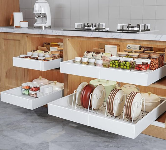 4Pack Expandable Pull Out Cabinet Organizer 21"Deep with Raising Pad for Framed Cabinets,Slide Out Drawers with 4pcs Divider Racks,Roll Out Shelves Adhesive,Adjustable Width 12.05"-20.4"White