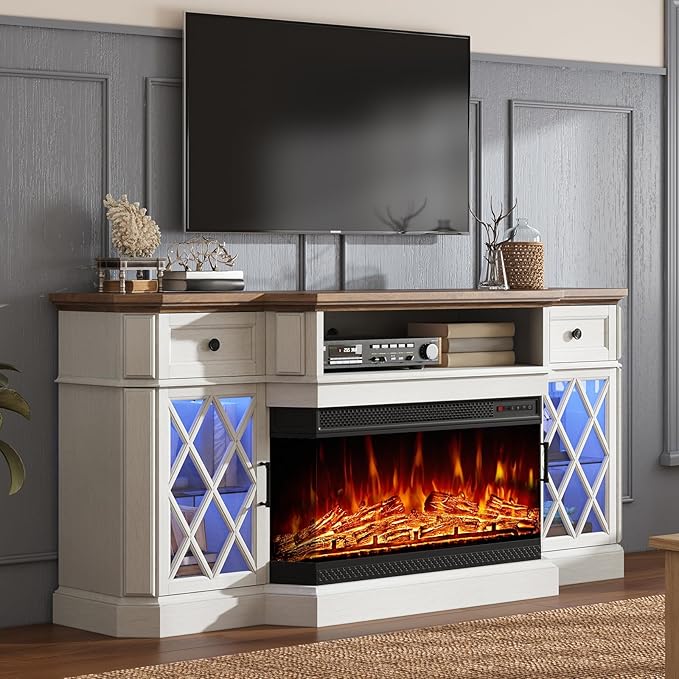 Farmhouse TV Stand with 3-Sided Glass Fireplace, 70" Entertainment Center for TVs up to 80", TV Stand with Glass Doors/Adjustable 12 Color Flame for Living Room, Distressed White