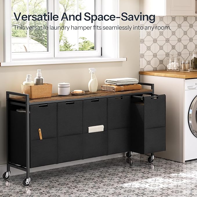 HOOBRO Laundry Sorter 5 Sections, Laundry Hamper with Wheels, 5 × 10.5 Gallon (40 L), Rolling Laundry Basket, Pull-Out and Removable Oxford Fabric Bags, Rustic Brown and Black BF07XY01