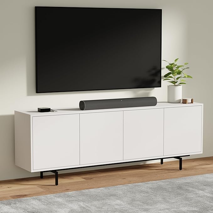 Norrhaus 75" x 26" 4-Door TV Stand in White - Modern TV Console Made from Quality Engineered Hardwood with Water Resistant Melamine Veneer - No Tools Frame Assembly