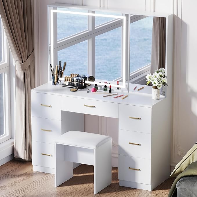Vanity Desk with Mirror and Lights, Large Storage Makeup Vanity with 7 Drawers, White Vanity Desk Table with Side Glass Cabinet, Adjustable Brightness Vanity Set with Stool for Dressing Room