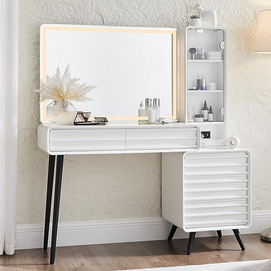 Fluted Makeup Vanity Desk with Large 35" HD Lighted Mirror, 48" Mid Century Modern Glass Top Vanity Table with 5 Drawers & Adjustable Shelf, Dressing Table w/Charging Station for Bedroom
