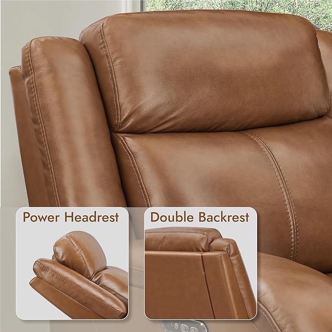 Watson & Whitely Genuine Leather Power Recliner Chairs for Adults, Wall Hugger RV Recliner with Power Headrest & Charging Ports, Electric Recliner Sofa Chair for Living Room, Saddle Brown