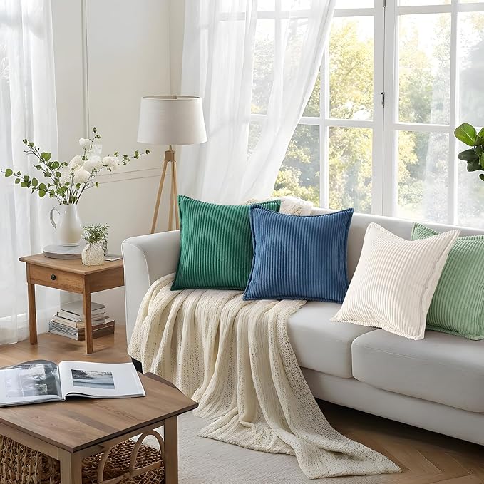 Mecatny Corduroy Throw Pillow Covers 22x22 Set of 2, Neutral Decorative Soft Boho Couch Pillow Covers with Broadside for Sofa Living Room, Sage Green