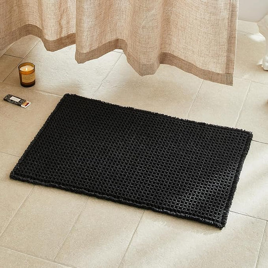 Black Bathroom Rug, Waffle Bath Mat Non Slip Washable Super Absorbent Quick Dry Boho Farmhouse Bathroom Decor, 30"x20" Black