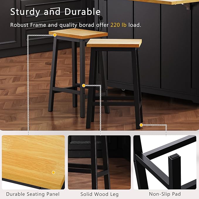 Large Kitchen Island Cart on 5 Wheels with 2 Bar Stools, Power Outlet, Drop Leaf, 3 Drawers, Kitchen Storage Cart with 5 Open Side Racks for Kitchen, Dining Room, Home Bar Black