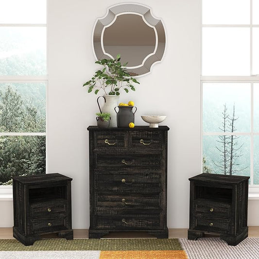 Farmhouse Bedroom Set, 3 Pieces Bedroom Furniture Set, Rustic Wood Tall 6 Drawer Dresser and Nightstands, Chest of Drawers Wide Storage Organizer Cabinet for Bedroom