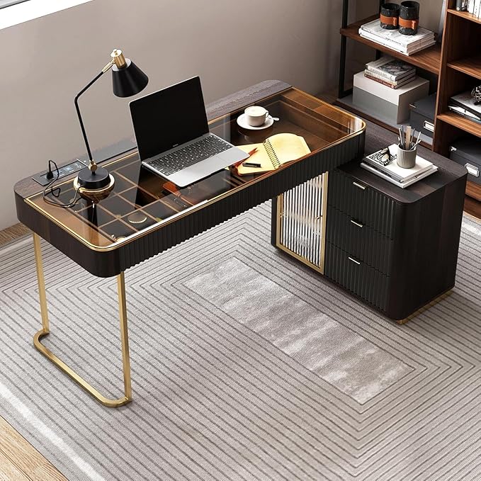 Lartis Office Desk, Very Easy to Assemble, Computer Desk, Home Telescopic Writing Desk, Modern Computer Desk with Retractable Cabinet Built-in LED Lights (Black Brown, 47 in)