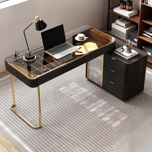 Lartis Office Desk, Very Easy to Assemble, Computer Desk, Home Telescopic Writing Desk, Modern Computer Desk with Retractable Cabinet Built-in LED Lights (Black Brown, 47 in)