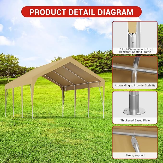10x20FT Heavy Duty Carport Canopy with Sturdy Frame, Portable Waterproof and UV-Resistant Garage Shelter, Adjustable Height for Car, Boat, Outdoor Storage and Parties Yellow