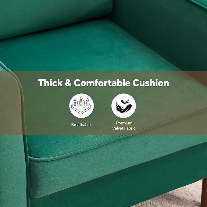 Mid Century Modern Accent Chair, Upholstered Reading Armchair for Living Room, Velvet Comfy Sofa Chair with Wood Legs for Bedroom, Office, Waiting Room, Green
