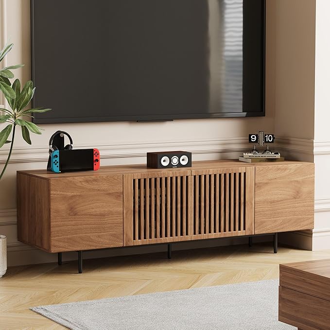 Mid Century Modern TV Stand for 70 Inch TVs, 70.87" Walnut Console with Ample Storage – Stylish Entertainment Center for Living Room or Bedroom