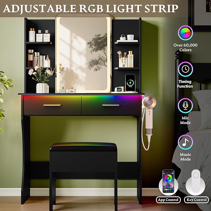 Black Makeup Vanity Desk with Mirror and Lights, Small Vanity Table Set with Power Outlet, Dressing Table with 2 Drawer & 4 Storage Shelves, Adjustable RGB Lighting, Includes Chair for Girl’s Bedroom