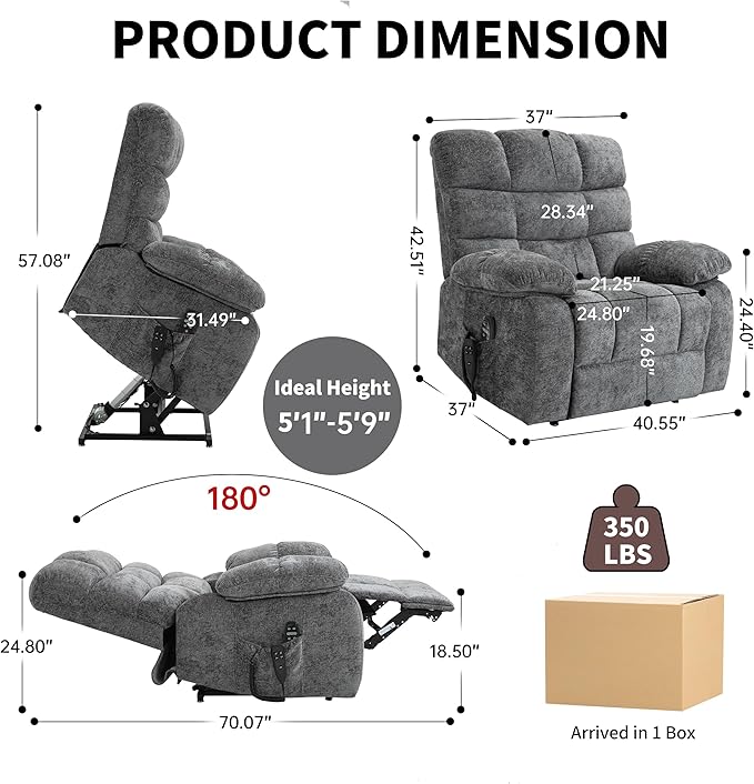 Power Lift Recliner Chair for Elderly People, Lay Flat Recliner with Vibration Massage and Lumbar Heating, Lift Chair with Infinite Position and 2 Remote Controls, Chenille Fabric Gray