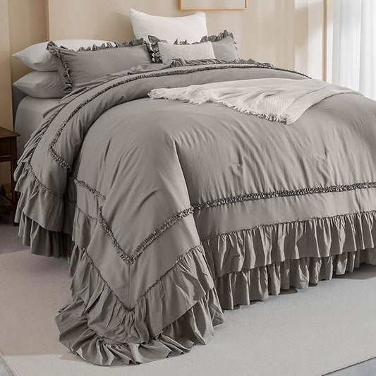QSH Grey Oversized California King Ruffled Bed Comforter Set 128x120, Farmhouse Vintage Chic Comforter Set Gray French Country Bedding Comforter Soft Microfiber Fluffy Bedding 3 PCs