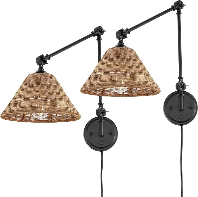 WINGBO Wall Sconce Rattan Wrapped Wall Lamp, Adjustable Swing Arm Wall Light Fixture Vintage Bedside Light Wicker Handmade Shade Reading Light Plug in or Hardwire (Black, 2 Pack)