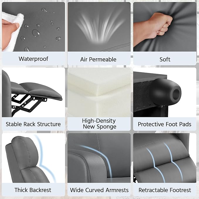 Yaheetech Recliner Chair PU Leather Recliner Sofa Home Theater Seating with Lumbar Support Overstuffed High-Density Sponge Push Silver Gray Recliners