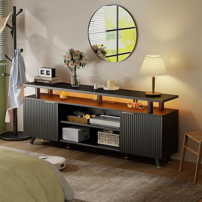 Lulive Modern TV Stand for 55/60/65/70 inch Television, Entertainment Center with Wooden Storage Cabinets and Power Outlet, Black Media Console for Living Room Bedroom (Black)