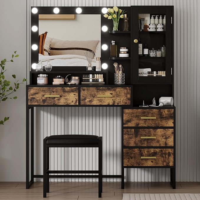 GarveeHome Large Makeup Vanity and Stool, Vanity Desk with Mirror and Lights, Makeup Table with Charging Station, Vanity Table with Drawers and LED Bulbs, Black