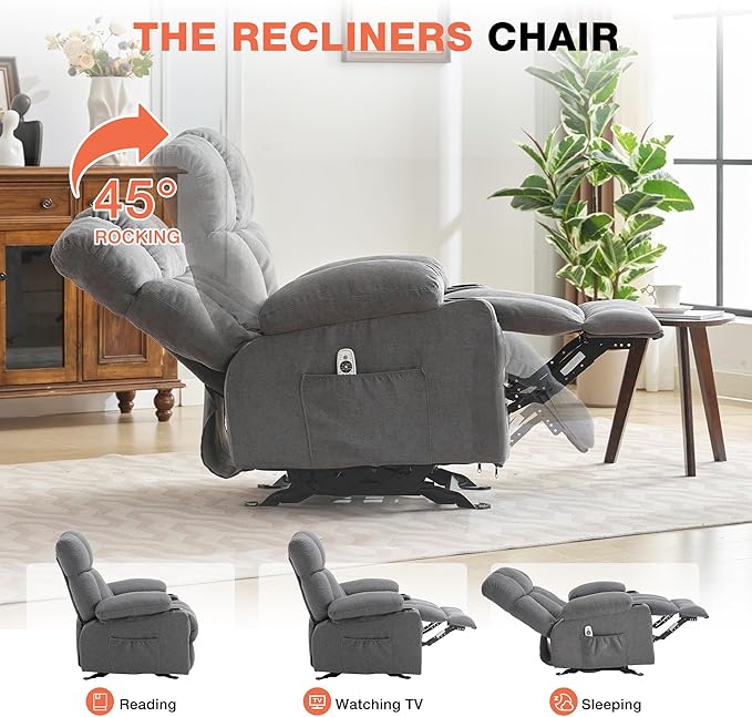 Massage Rocker Recliner Chair with Heat, Ergonomic Overstuffed Reclining Lounge Chair with Side Pockets, USB Charging Port, Sturdy Metal Frame, Comfortable Modern Design for Living Room