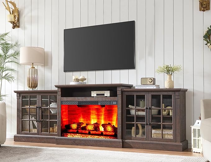 AMERLIFE 97" Farmhouse Fireplace TV Stand, Entertainment Center with Large Storage Space and Adjustable Shelf, Media Console for Living Room, Rustic Brown
