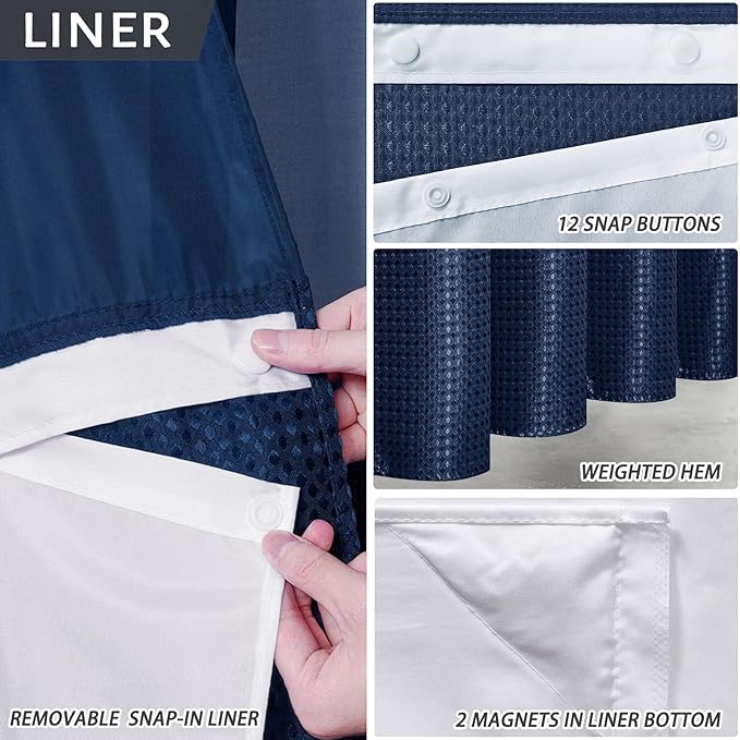 No Hook Waffle Weave Shower Curtain with Snap in Fabric Liner Set,Heavy Duty Textured Bathroom Curtain with See Through Window,Waterproof & Machine Washable,Navy Blue,Stall 54x80 Inch