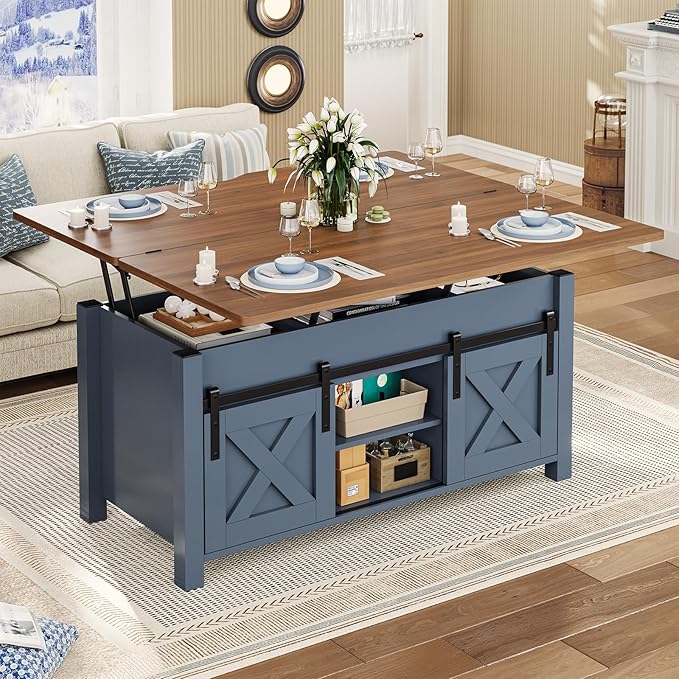 SEDETA Lift Top Coffee Table, 4 in 1 Multi-Function Convertible Coffee Tables with Storage and Hidden Compartment, Farmhouse Coffee Table Converts to Dining Table for Living Room, Blue