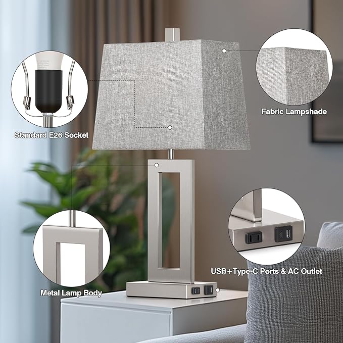 Touch Control Table Lamp Set of 2, Modern Silver Bedside Lamps with USB C+A Ports & AC Outlet, 3 Way Dimmable Bedroom Lamps for Night Stands Bedroom Living Room,Nightstand Lamp