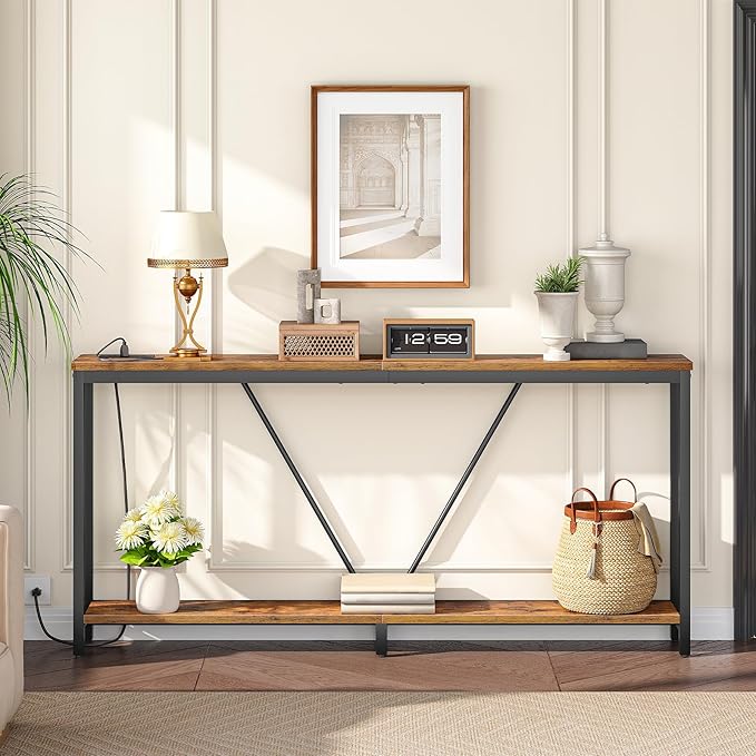 HOOBRO 70.9" Extra Long Sofa Console Table with Charging Station, 2-Tier Behind Couch Table with V-Brace, for Narrow Entryway, Hallway, Living Room, Rustic Brown BF186UXG01