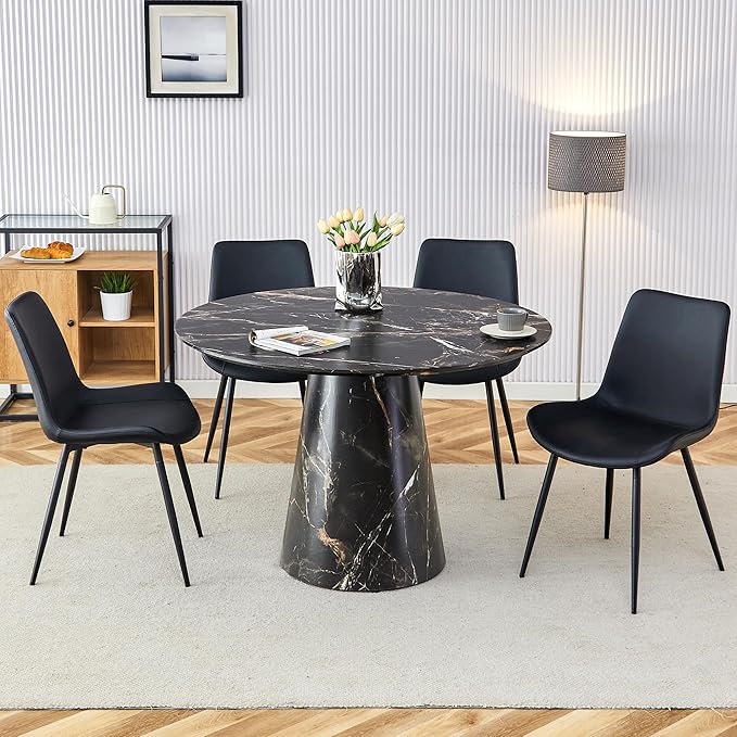 45 Inch Round Dining Table Set for 4, 5 Piece Kitchen Table and Chairs Set, Black Faux Marble Table Top, Small Space Dining Set for Apartment or Dining Room