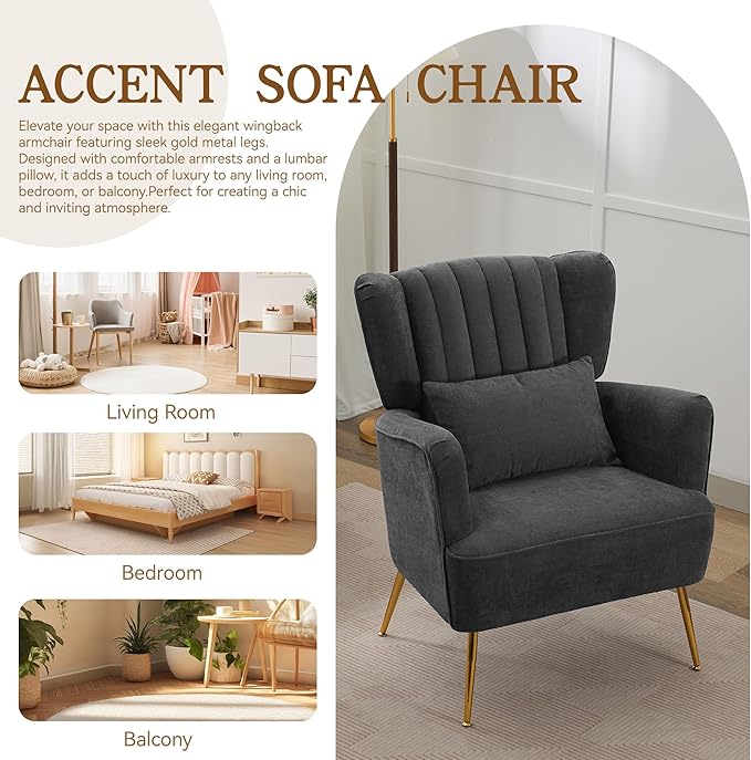 Fabric Accent Living Room Arm Chair Set of 2 Mid Century Modern Chairs with Pillow & Golden Legs, 8.5" Thick Cushion, Upholstered Comfy Sofa Armchair for Reading Room/Bedroom, Grey