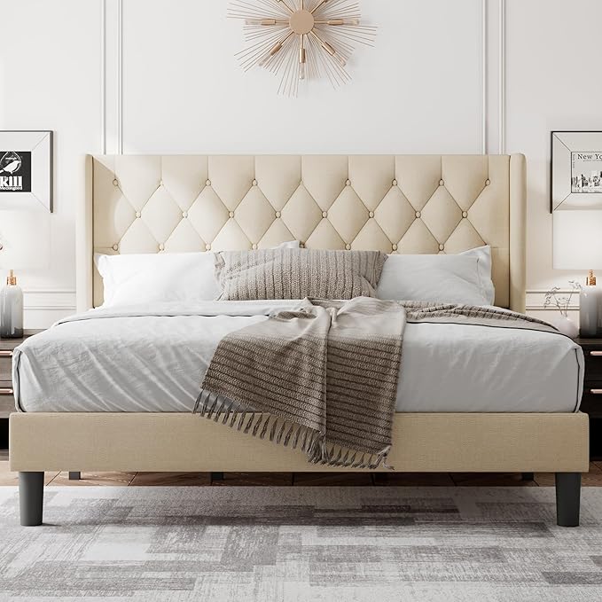 Feonase King Size Bed Frame with Wingback Tufted Headboard, Upholstered Platform Bed Frame with Heavy Duty Wooden Slats Support, Noise-Free, No Box Spring Needed, Easy Assembly, Beige