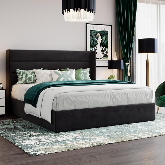 SHA CERLIN King Size Lift Up Storage Bed/Velvet Upholstered/Modern Wingback Headboard/Upholstered Platform Bed Frame/Hydraulic Storage/No Box Spring Needed/Black